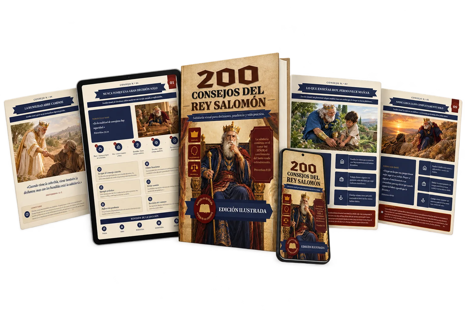 200 Consejos del Rey Salomón — libro, tablet, celular y páginas del material