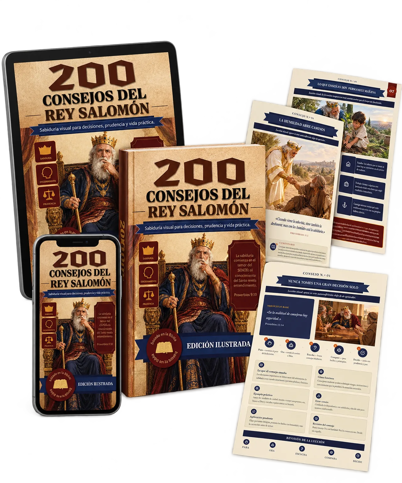 200 Consejos del Rey Salomón — libro, tablet y páginas del material